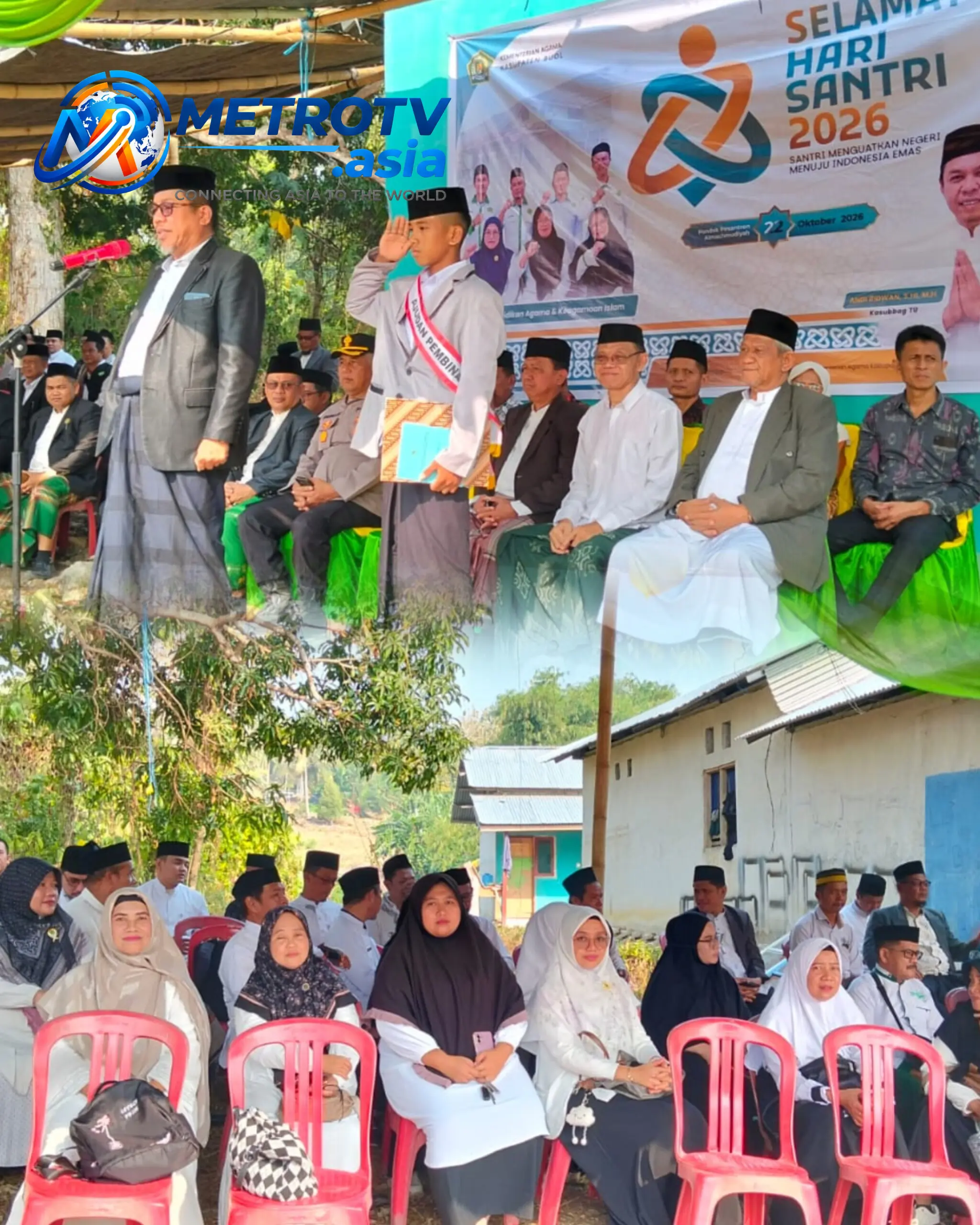 Kolase foto amanat pembina upacara dan kehadiran peserta peringatan Hari Santri Nasional 2026 di Pondok Pesantren Al Macmudiyah, Kabupaten Buol, Kamis 22 Oktober 2026
