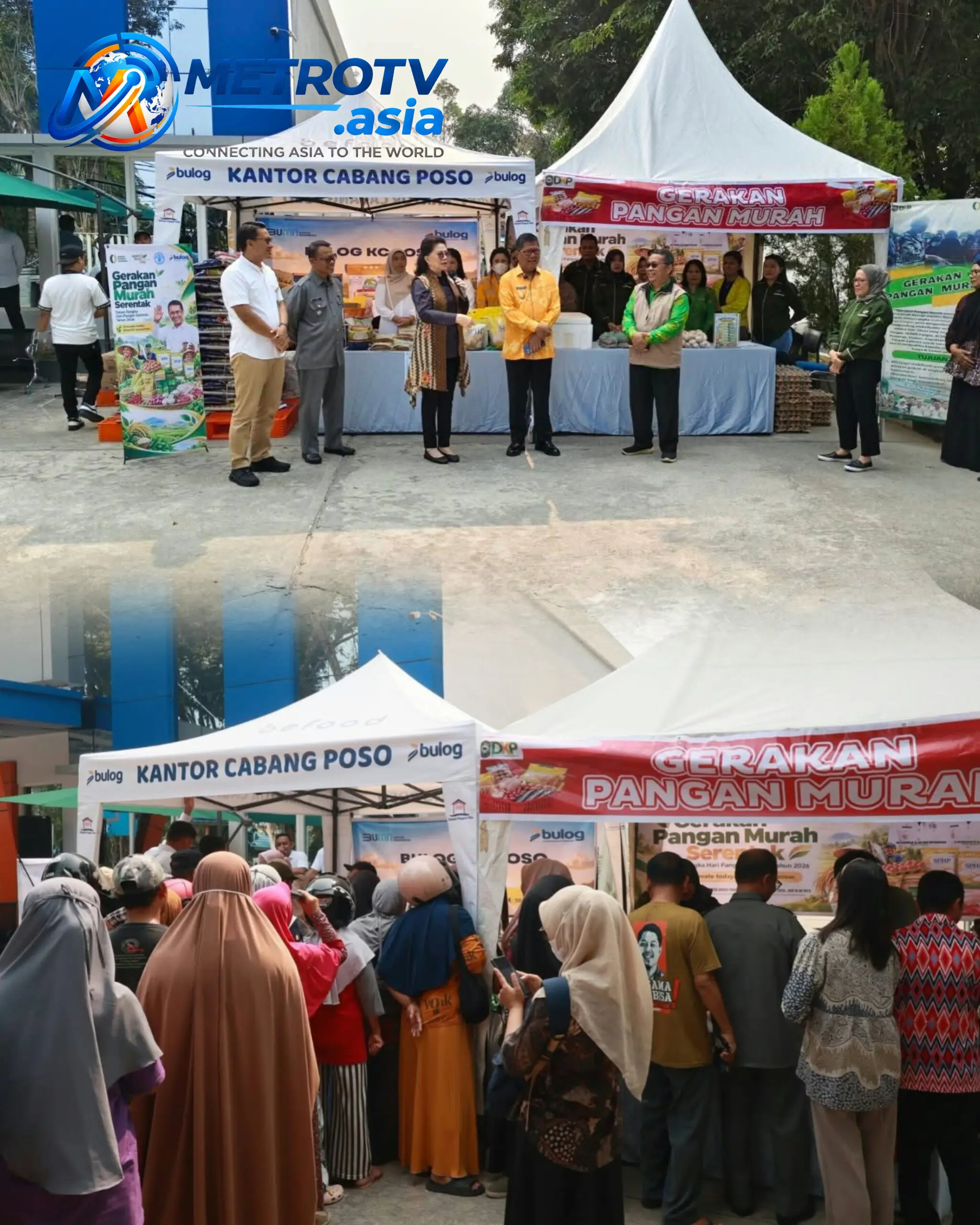 Kolase foto jajaran pejabat meninjau stan pangan murah dan antrean warga yang berbelanja kebutuhan pokok di Gerakan Pangan Murah Poso, Kamis 22 Oktober 2026