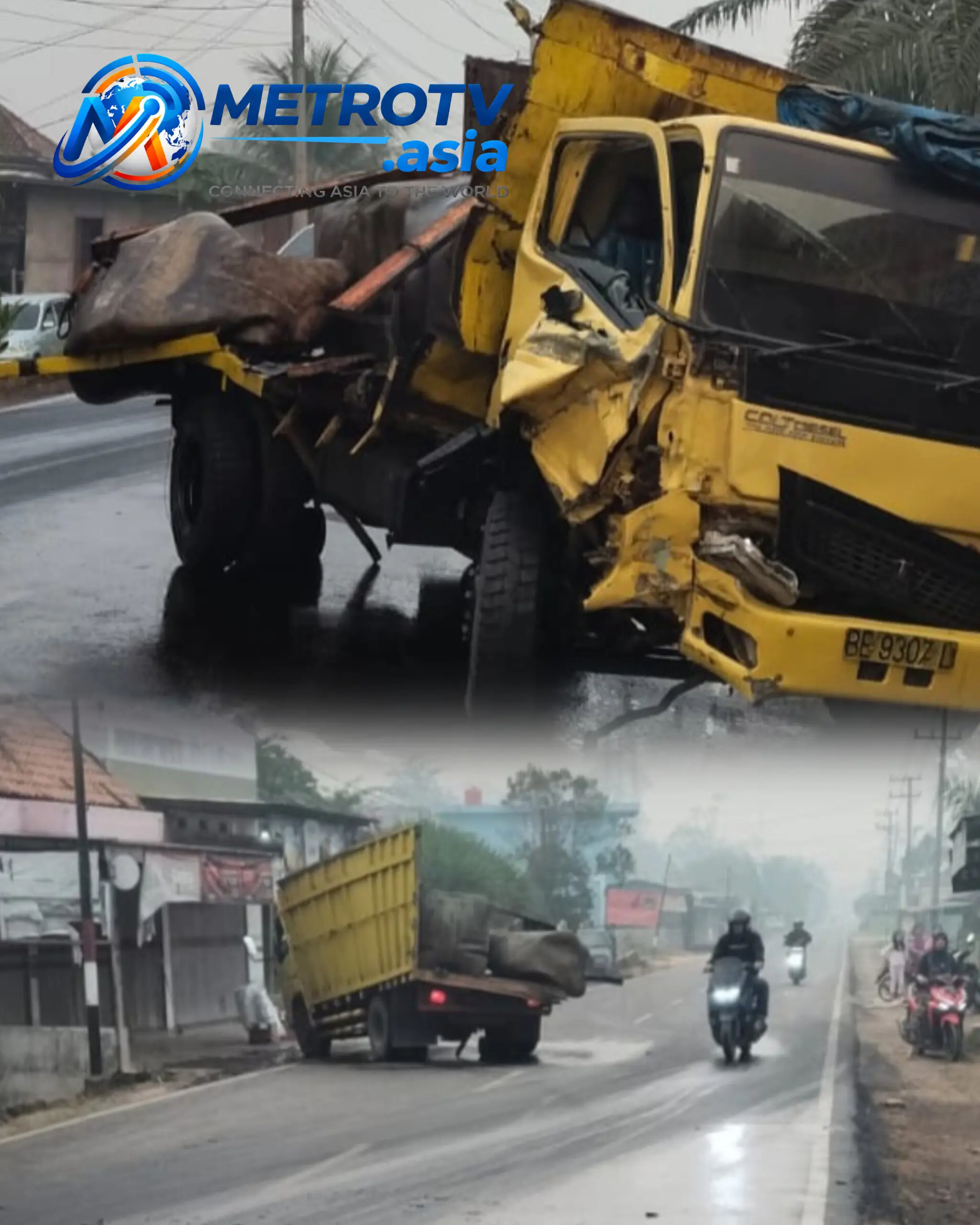 Kolase foto kerusakan parah bagian depan truk kuning dan suasana jalan yang masih basah akibat tumpahan solar di lokasi kecelakaan Jalan Lintas Ulak Paceh, Musi Banyuasin, Kamis 22 Oktober 2026