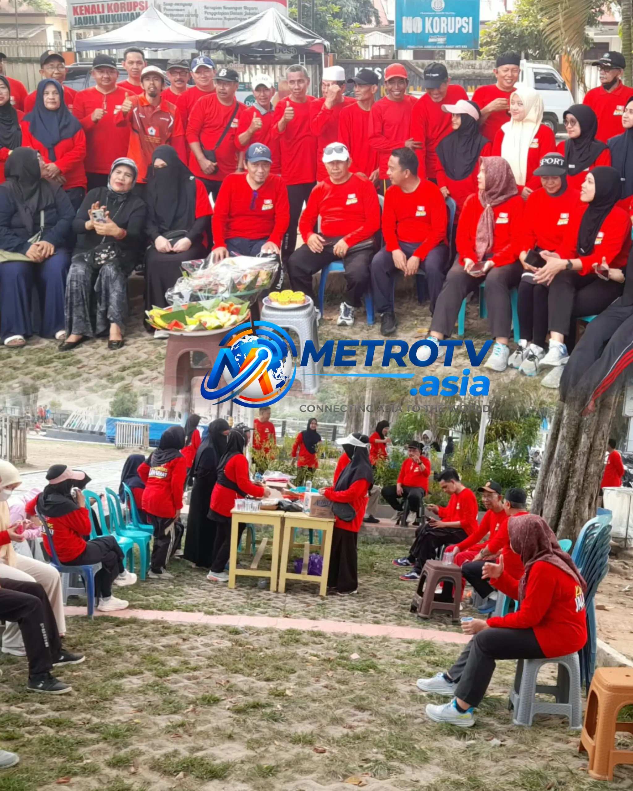 Kolase foto — Atas: Foto bersama jajaran pengurus dan peserta Jalan Sehat BPD KKSS Tolitoli. Bawah: Suasana istirahat dan berbuka puasa bersama peserta di area Taman Kota Gaukan Moh Salah Bantilan