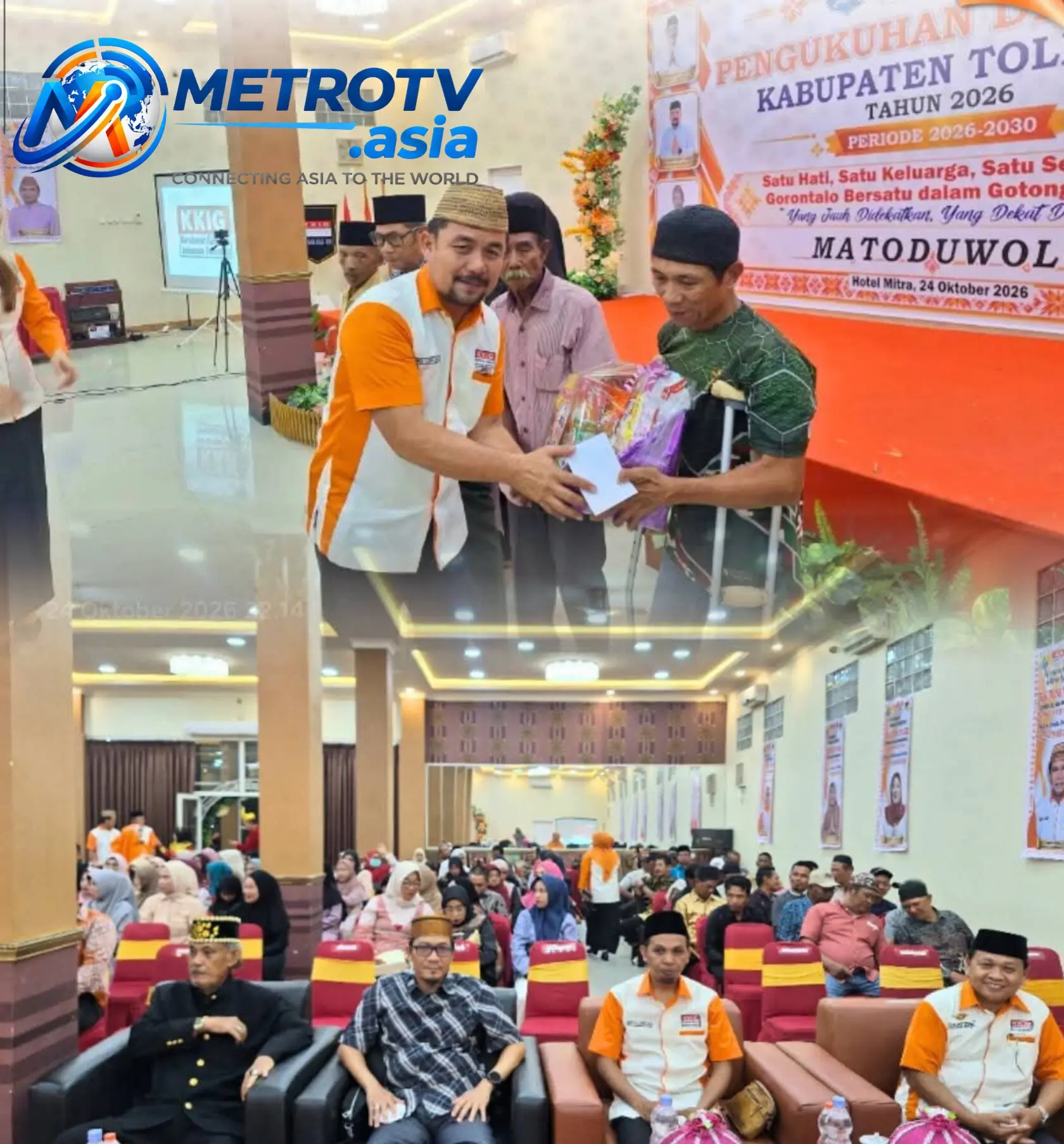 Ketua DPC KKIG Tolitoli menyerahkan bantuan kepada warga pada acara pengukuhan di Hotel Mitra Tolitoli, 24 Oktober 2026, dihadiri ratusan peserta