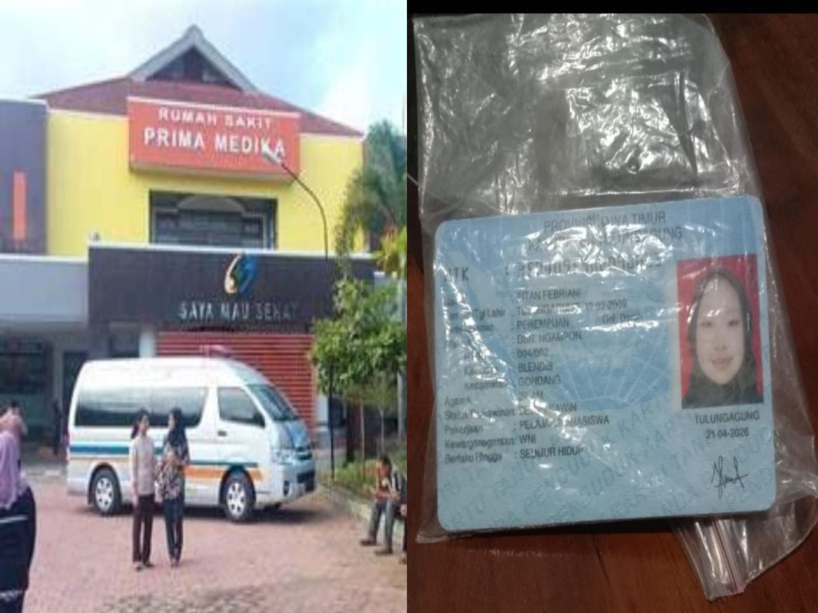 Tampak depan RS Prima Medika Tulungagung serta foto dokumen KTP dan kartu BPJS yang sempat dikeluhkan ditahan pihak rumah sakit