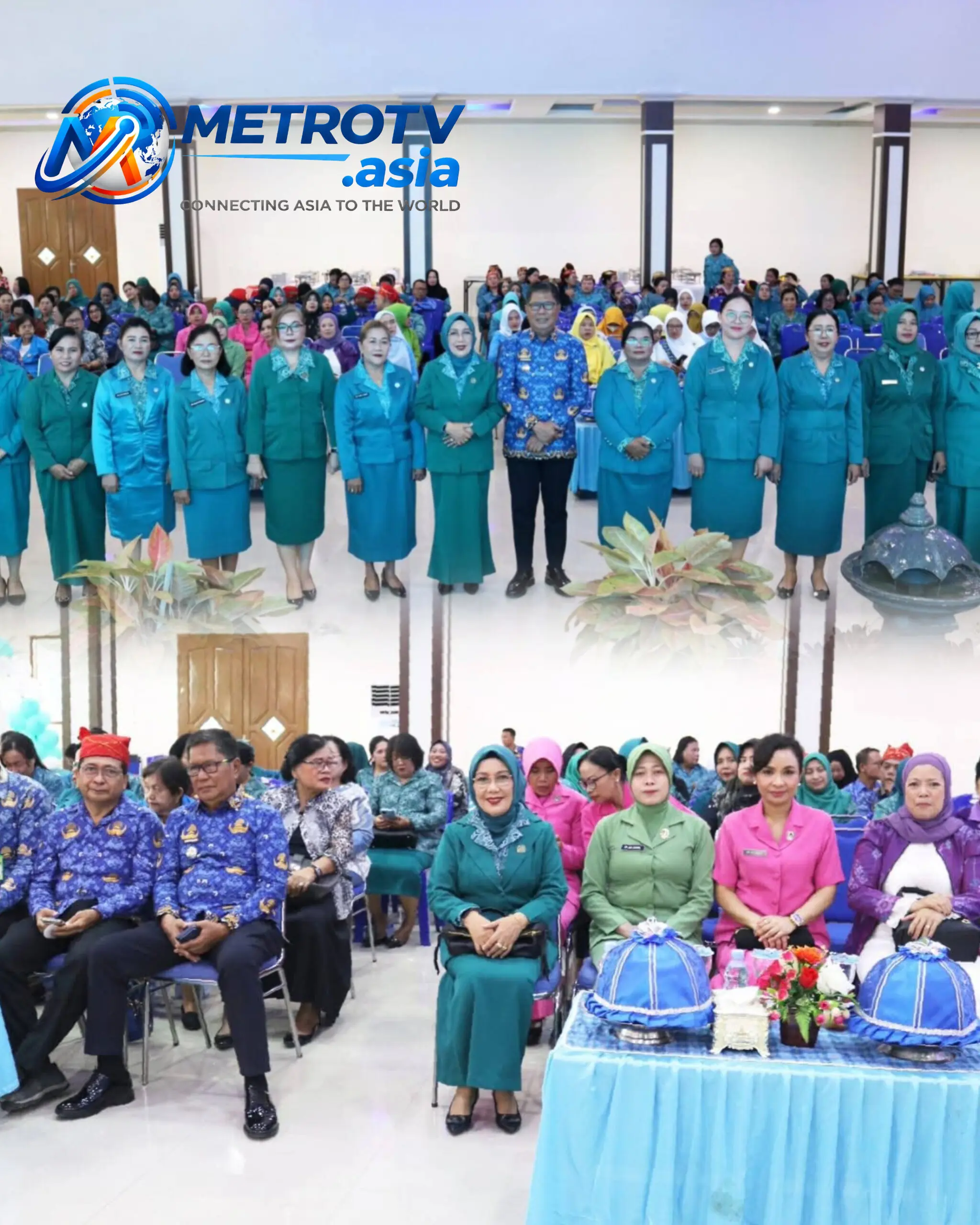 Kolase momen kegiatan: barisan pengurus TP PKK berfoto bersama Wabup Poso Soeharto Kandar, serta peserta undangan yang hadir memadati ruangan acara HKG PKK ke-54 di Gedung Torulemba, 28 Oktober 2026
