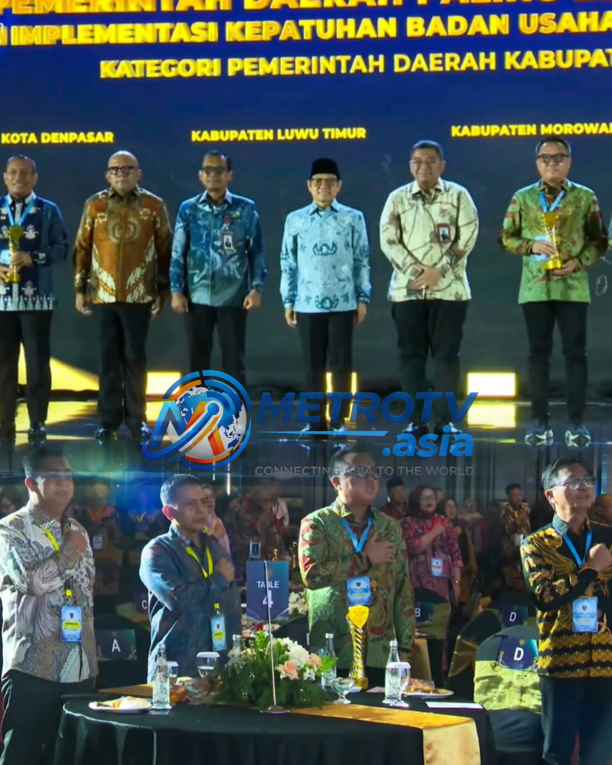 Momen penganugerahan Satya JKN Awards 2026 di Jakarta, empat pemerintah daerah — Kota Denpasar, Kabupaten Luwu Timur, Kabupaten Morowali Utara, dan satu daerah lainnya — berdiri di panggung menerima penghargaan atas kepatuhan Program JKN, 30 Oktober 2026