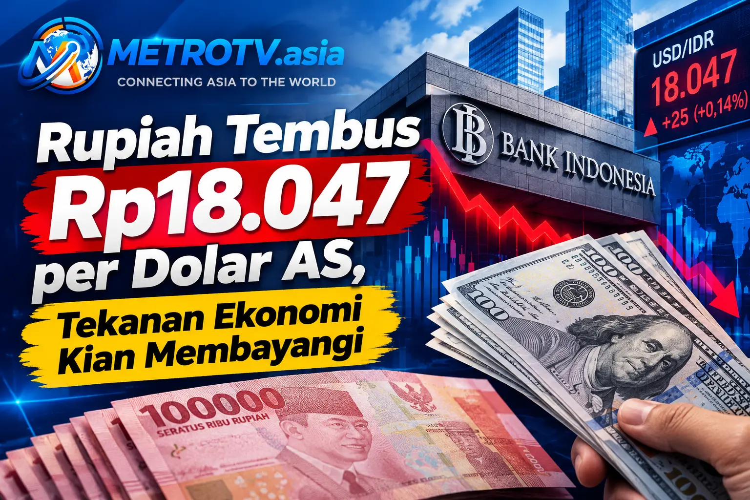Ilustrasi nilai tukar rupiah melemah ke Rp18.047 per dolar AS dengan latar belakang gedung Bank Indonesia dan grafik penurunan, Kamis 22 Oktober 2026